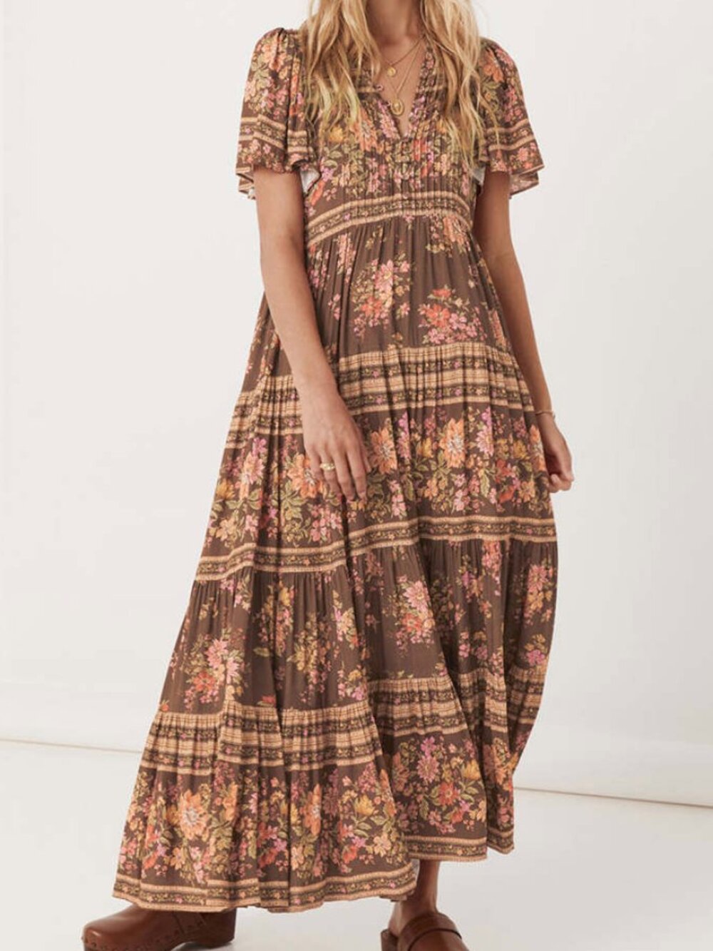 Spell & The Gypsy Meadowland Flutter Sleeve Dress – Hazelnut – Size Large – EUC